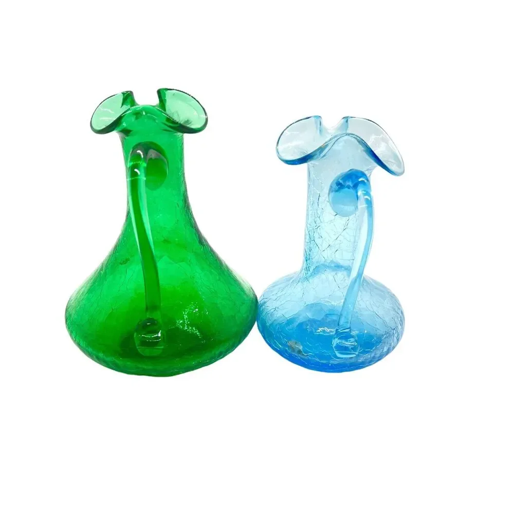 Crackle Glass Vases Pitchers Vintage Blue Green Ruffled Edge Handheld Set Of 2 - Picture 5 of 16